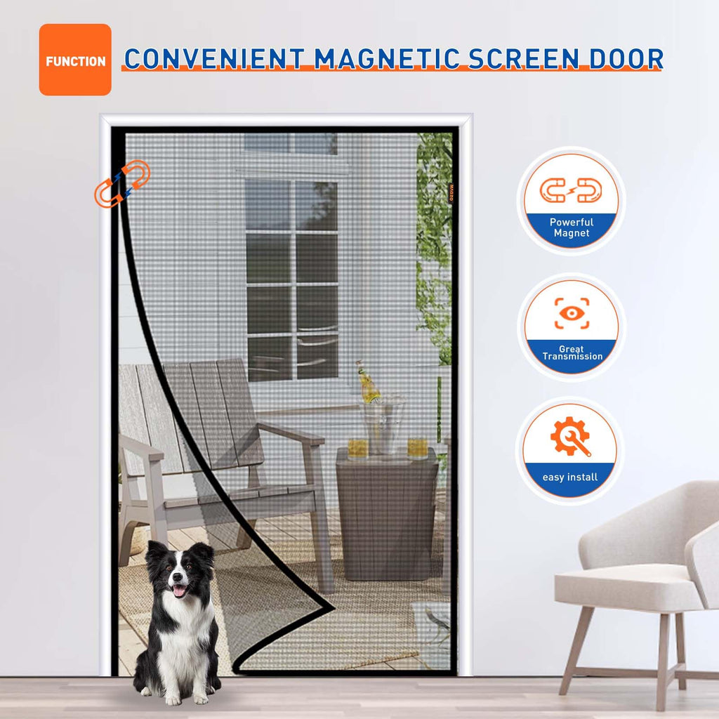 MAGZO Magnetic Screen Door Fit Door Size 72 x 80 Inches, Actual Screen Size 74 x 81 Inch Heavy Duty Side Opening Polyester Screen Curtain for Sliding Door Broader View, Black