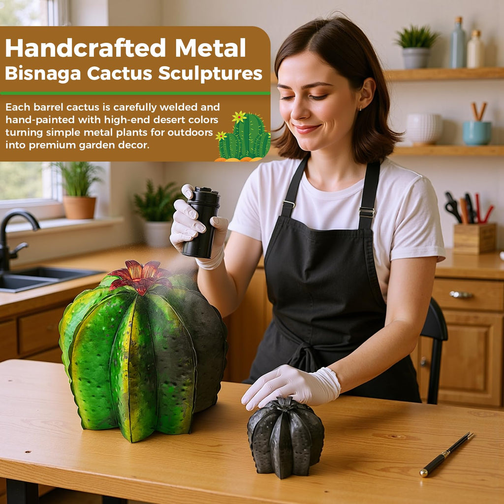 inihpocv 4-Piece Metal Barrel Cactus Yard Art Set