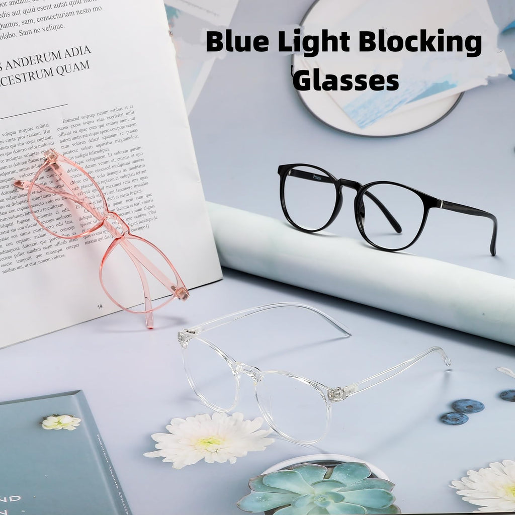Przene 3 Pack Blue Light Blocking Glasses Women/Men,Retro Round Computer Glasses Anti Eye Strain/UV/Glare, Gaming Glasses. (Black/Crystal/Pink)