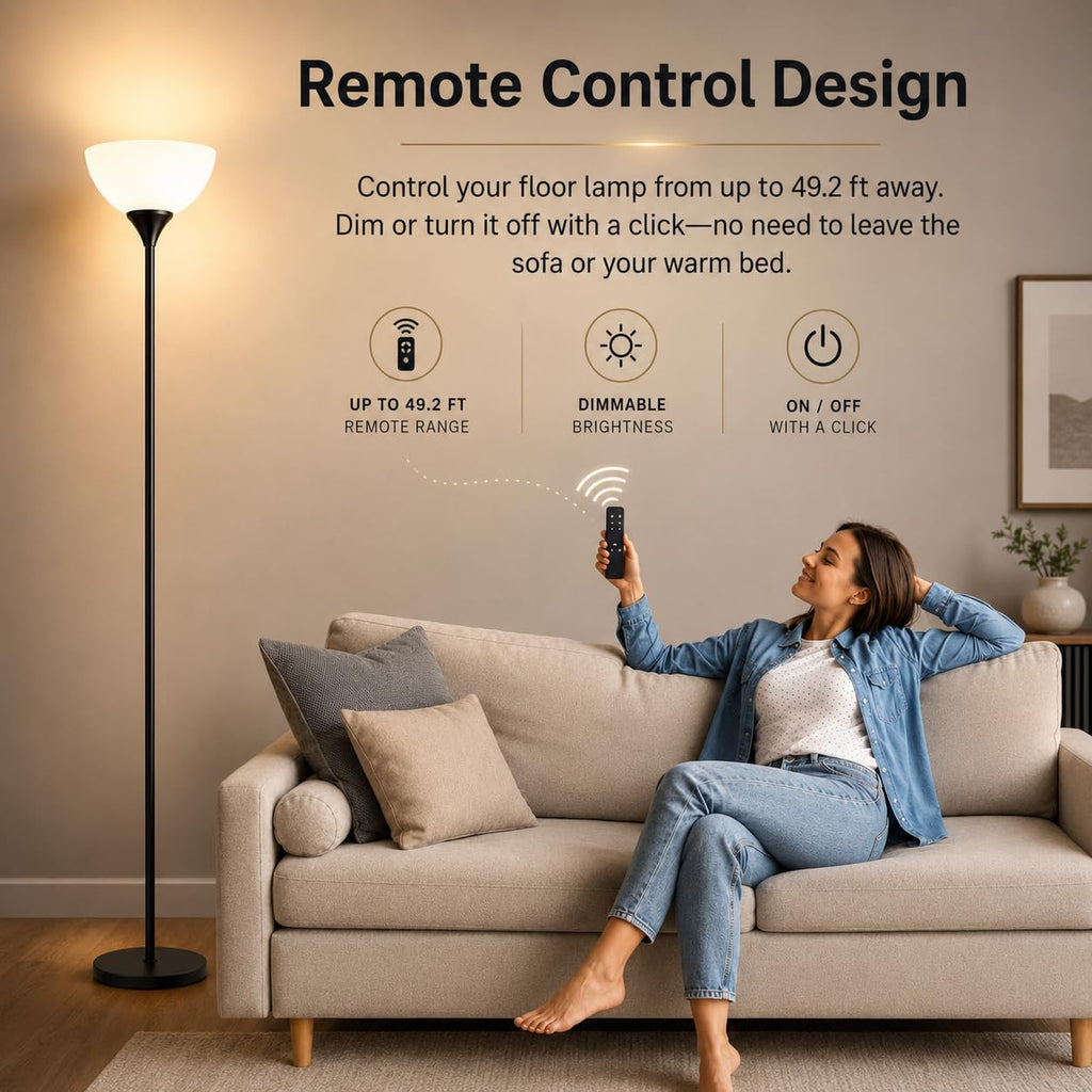 PESRAE Floor Lamp, Remote Control with Stepless Color Temperatures and Brightness, Torchiere lamp for Bedroom, Living Room, Bulb Included (Matte Black)