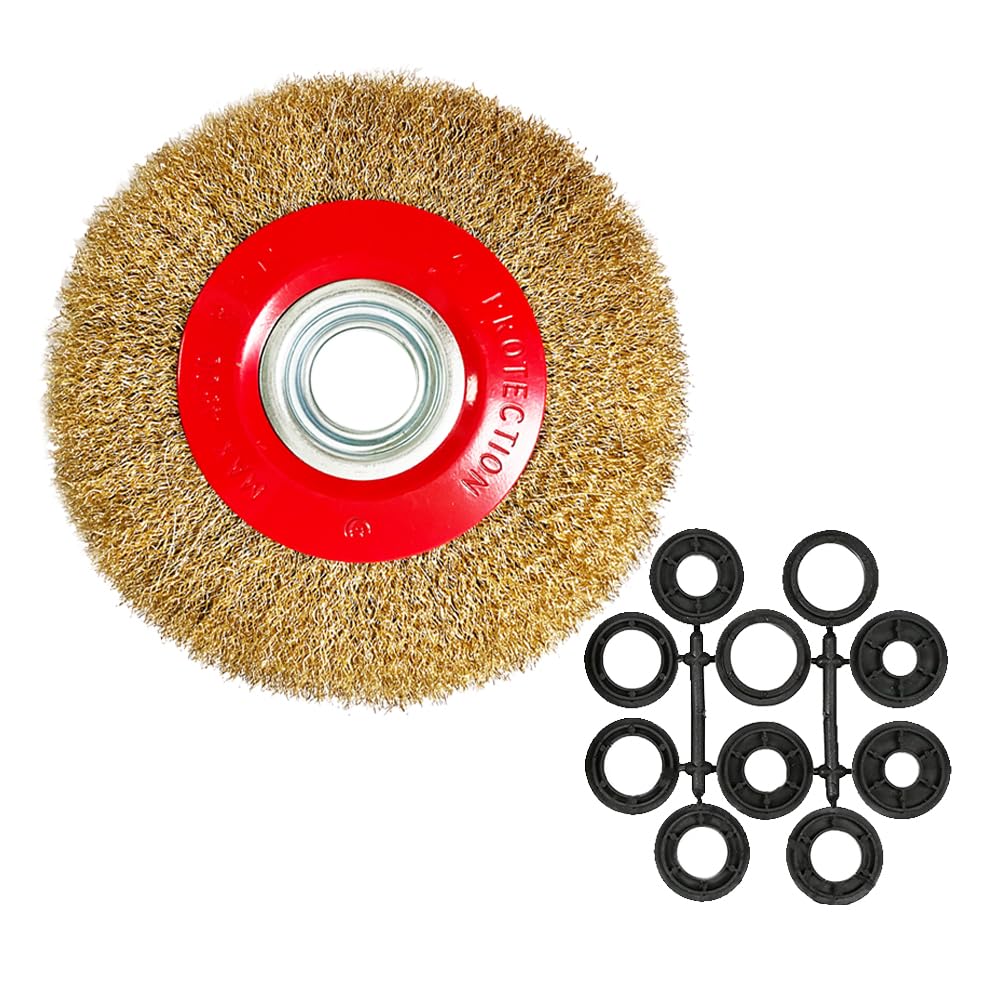 OSFTBVT 8in Bench Wire Wheel Brush | Coarse Crimped Steel Wire 0.012" with 1/2" 5/8" 3/4" 7/8" 1" Arbors for Bench Grinder Brass Coated Steel- 1pcs