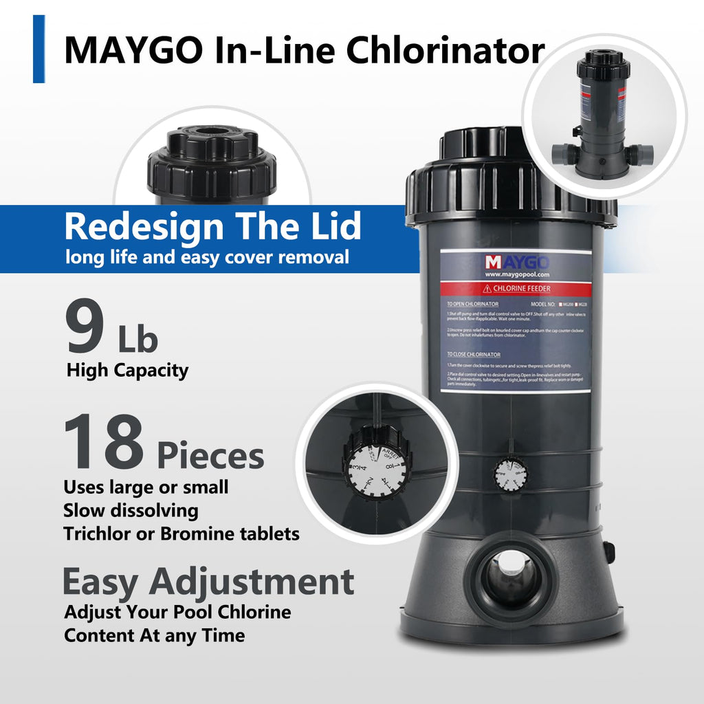 in-line Automatic Pool chlorinator MAYGO CL200 Performance Replacement Hayward CL200, Inline Pool Automatic chlorinator for Both Above Ground and Indoor Pool (9LB)