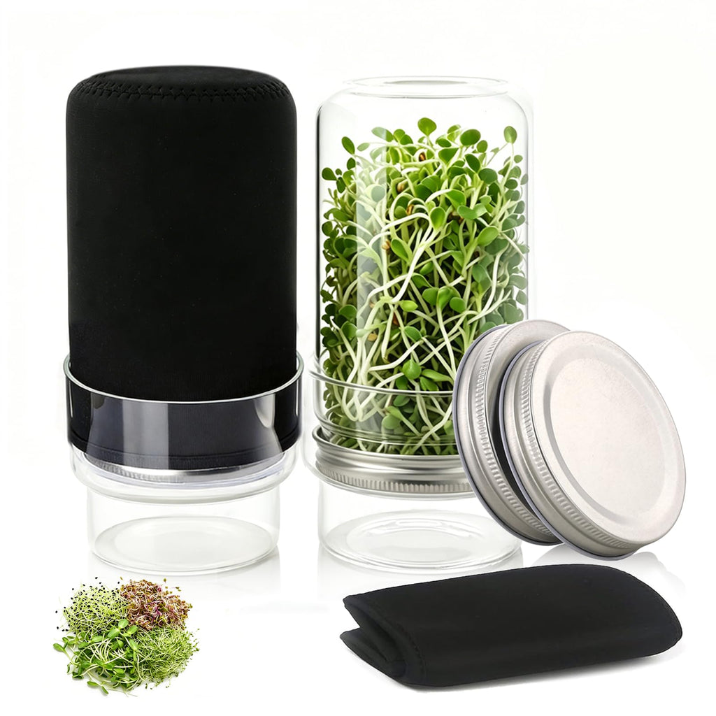 Sprouting Kit, 2 Wide Mouth Sprouting Jar with Stainless Steel Screen Sprout Lids, Blackout Sleeves, Drain Cover, Sprouts Growing Kit for Broccoli, Mung Beans, Alfalfa & Microgreens