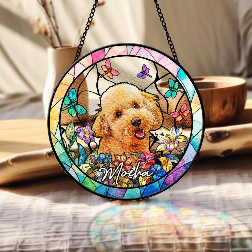 Custom Dog Portrait Stained Glass Window Hanging Light Catcher, Pet Memorial Stained Glass Photo, Dog Memorial Gift Pet Loss Sympathy Gift