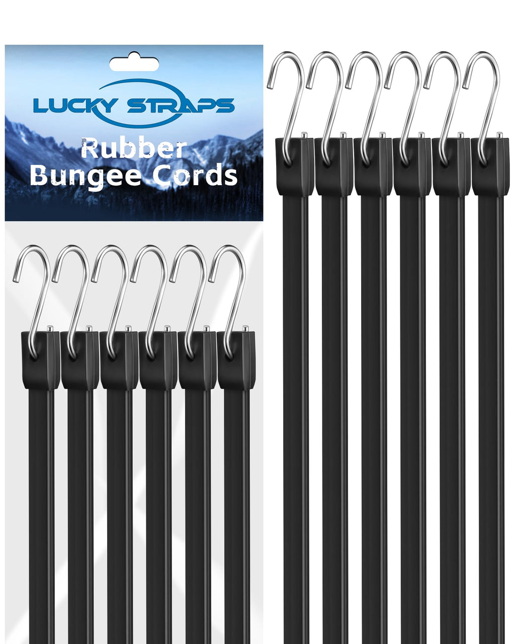 24 Inch Rubber Bungee Cords Heavy Duty Outdoor, Black Bungee Straps with Upgraded Hooks, Weatherproof Tarp Straps with 1.9X Max Stretch & 100% Rubber for Cargo, Van, Truck, Motorcycle, etc (10 Pcs)