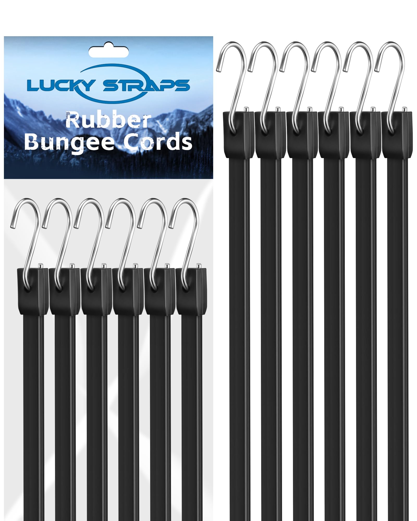 24 Inch Rubber Bungee Cords Heavy Duty Outdoor, Black Bungee Straps with Upgraded Hooks, Weatherproof Tarp Straps with 1.9X Max Stretch & 100% Rubber for Cargo, Van, Truck, Motorcycle, etc (10 Pcs)