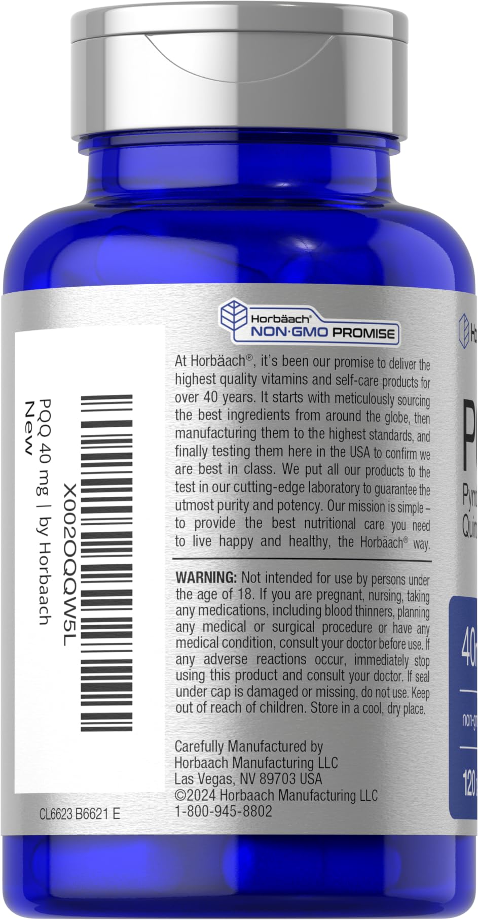 Horbäach PQQ Supplement 40 mg | 120 Capsules | Maximum Strength | Non-GMO and Gluten Free Supplement | Pyrroloquinoline Quinone Disodium Salt