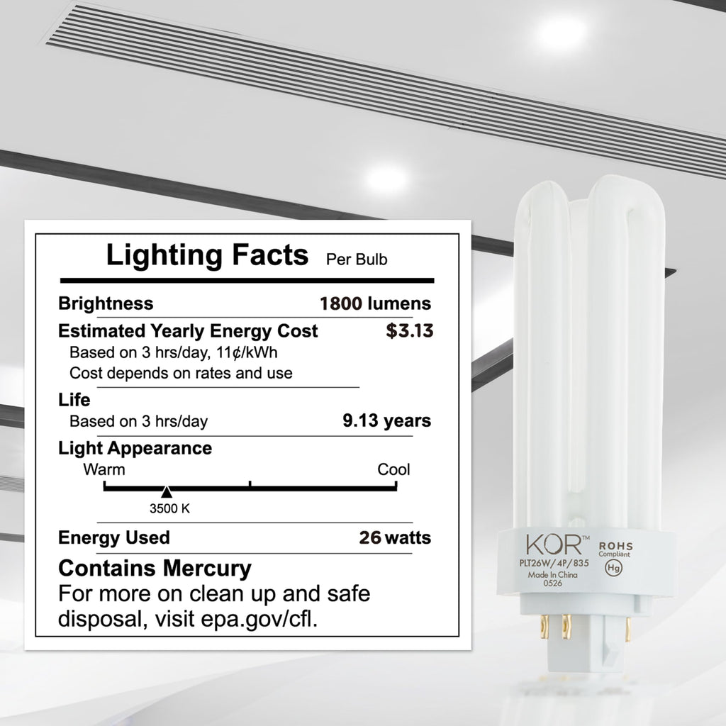 KOR (Pack of 4 26 Watt Triple Tube - GX24Q-3 (4 Pin) Base -3500K White - CFL Light Bulb - Philips 268243 PL-T 26W/35/4P/ALTO - GE 97616 F26TBX/835/A/ECO