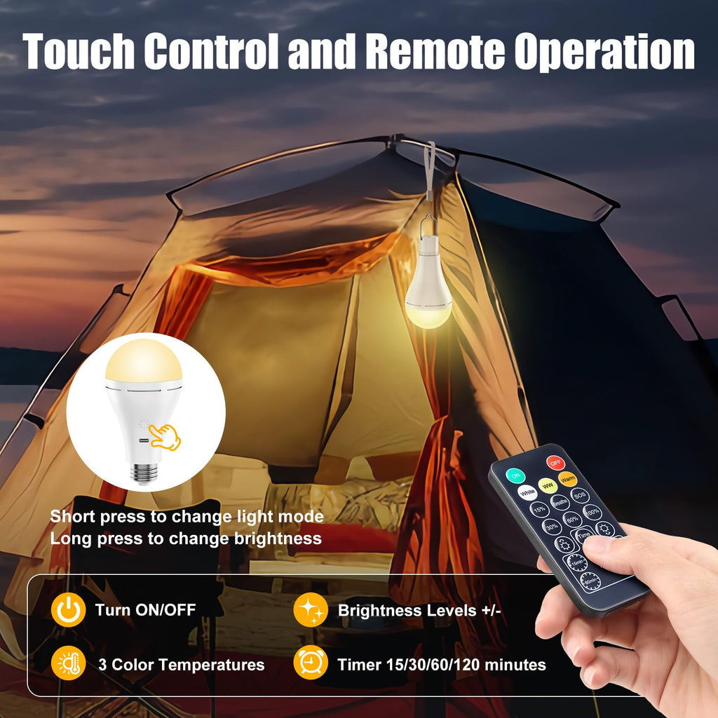 Brightown E26 Rechargeable Light Bulb with Remote and Timer, Battery Backup Bulb for Sconces and Lamps, Hanging LED Light Bulb with Hook for Camping Tent, Dimmable, 3 Color Temperatures, 2 Pack