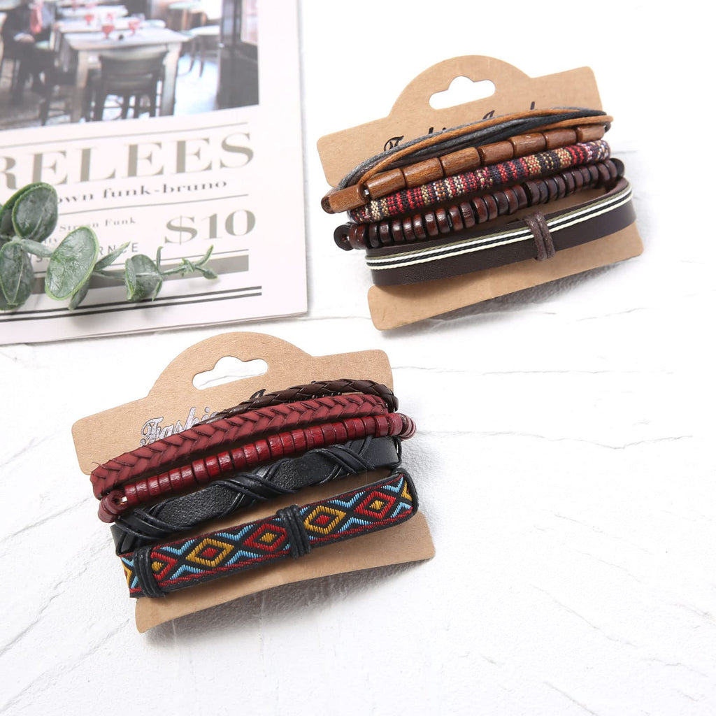 HZMAN Handmade Hemp Cords Wood Beads Leather Bracelets for Men Women