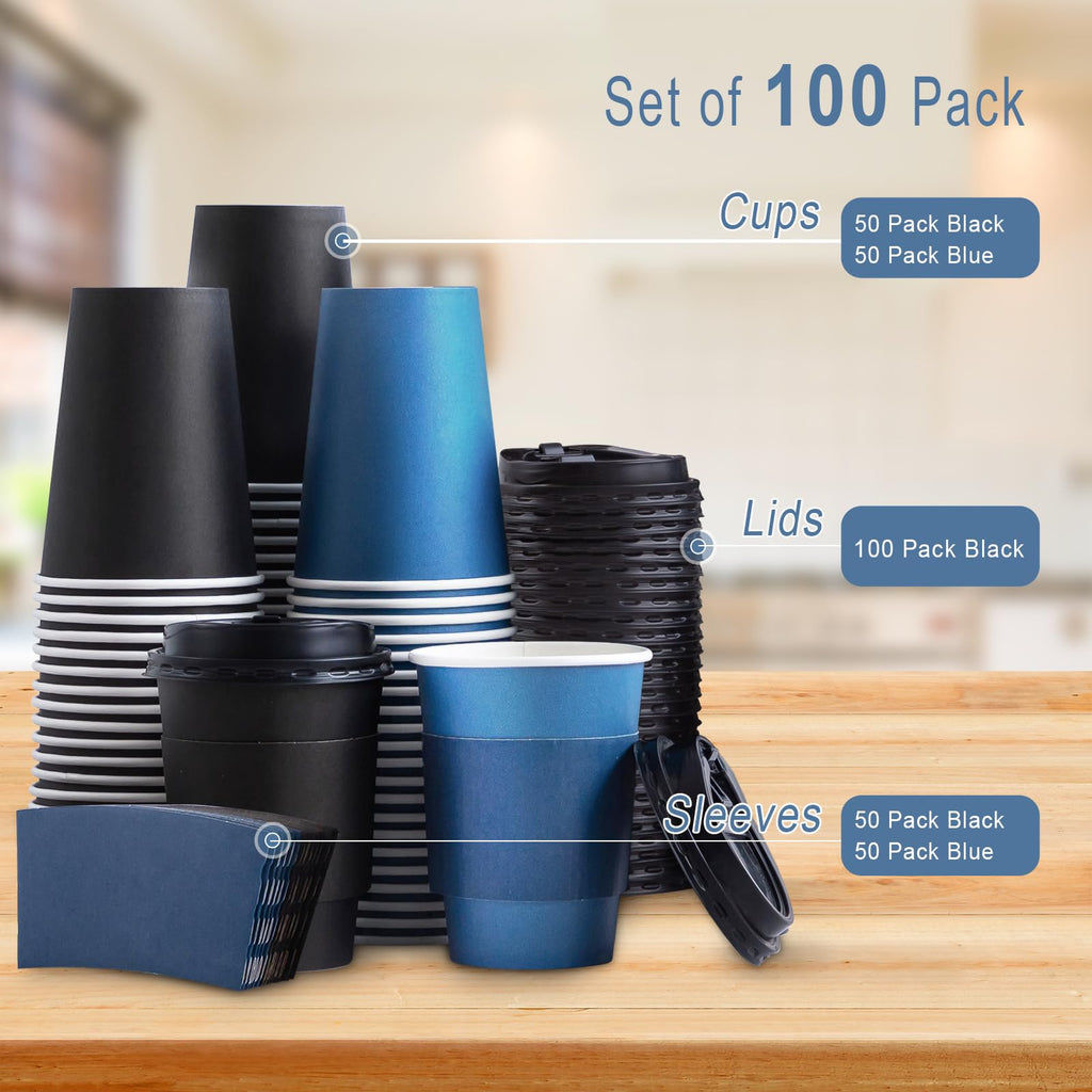 SIUQ 100 Pack 12 oz Coffee Cups with Lids, Disposable Hot Paper Coffee Cups