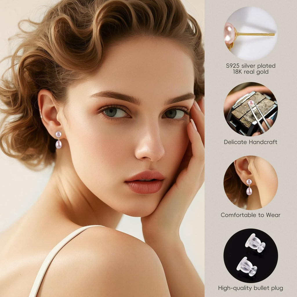 Mini Pearl Drop Earrings for Women - Petite Pink Double Pearl Studs (5mm Top + 10mm Drop), Real Freshwater Cultured, S925 Silver Hypoallergenic Post, 18K Gold Plated Dainty Jewelry