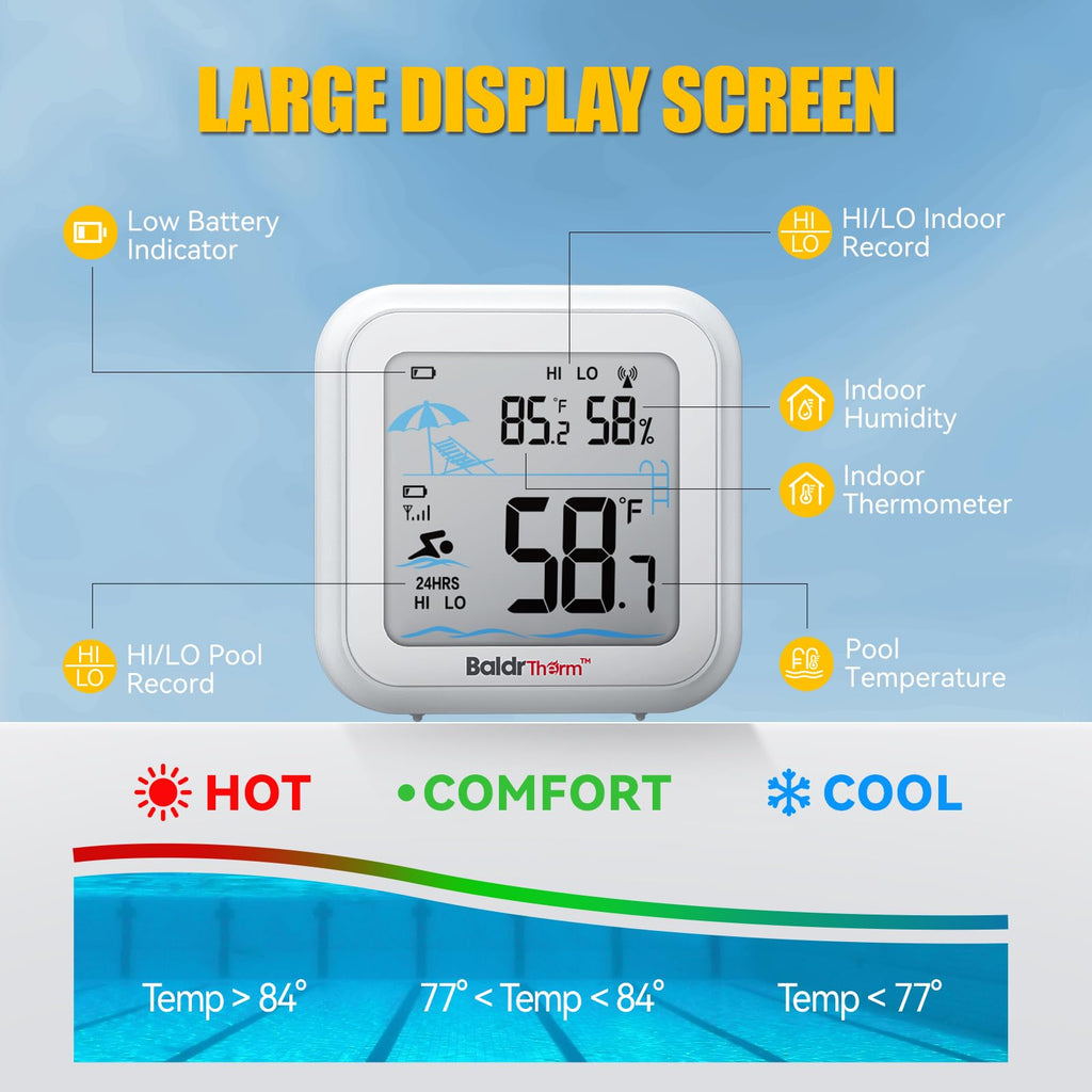Pool Thermometer Digital Floating Easy Read, Anti-Fog 360° Reading with Indoor Temperature Humidity Monitor, IPX7 Water Temperature Monitor for Hot Tub/Ice Bath/Swimming Pool/SPA/Aquarium/Pond