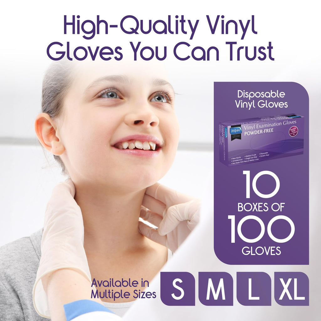 Inspire Stretch Vinyl Exam Gloves | THE ORIGINAL Quality Disposable Latex Free Medical Glove Cleaning Cooking Food Service Labs Healthcare and Household Small, 1000 Count