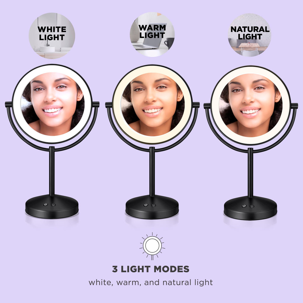 Conair Lighted Makeup Mirror, Double-Sided LED Vanity Mirror with 1X/10X Magnification, 3 Light Settings, 3 Modes, 360° Rotation, Matte Black Finish