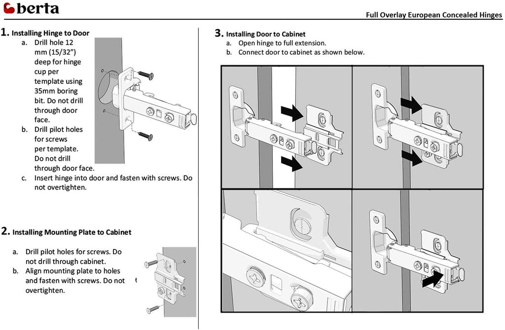 Berta 50-Pack Full Overlay Frameless Soft-Close European Hinges, 110° 3D Adjustable, Clip-On Concealed Kitchen Cabinet Door Hinges with Screws - Ideal for Modern Cabinet