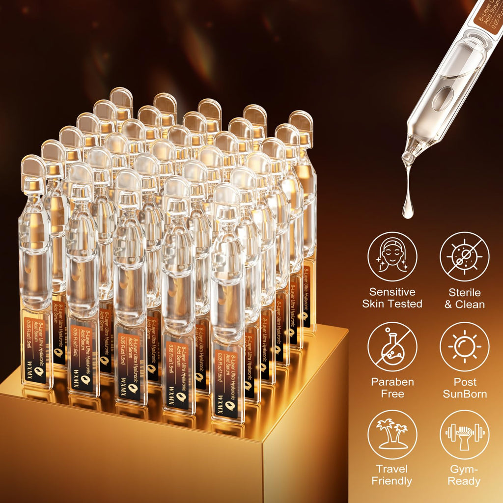 WXMX Ultra Hyaluronic Acid Serum With 8 HA Forms + Matrixyl 3000, Collagen Tri - Complex & Peptide, Multi - Layer Hydration Anti-Aging Serum, Hyaluronic Acid Serum for Face (0.05 Fl Oz (Pack of 30))