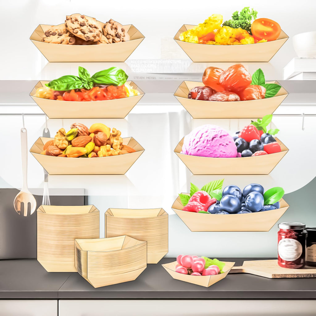 MotBach 200 Pack Wood Grain 1/2Lb Paper Food Boat Trays Disposable Small Paper Boats Plates Containers, 0.5Lb Mini Kraft Food Serving Tray Boat Basket Bowl for Snack Fries Dessert Popcorn Taco Nacho