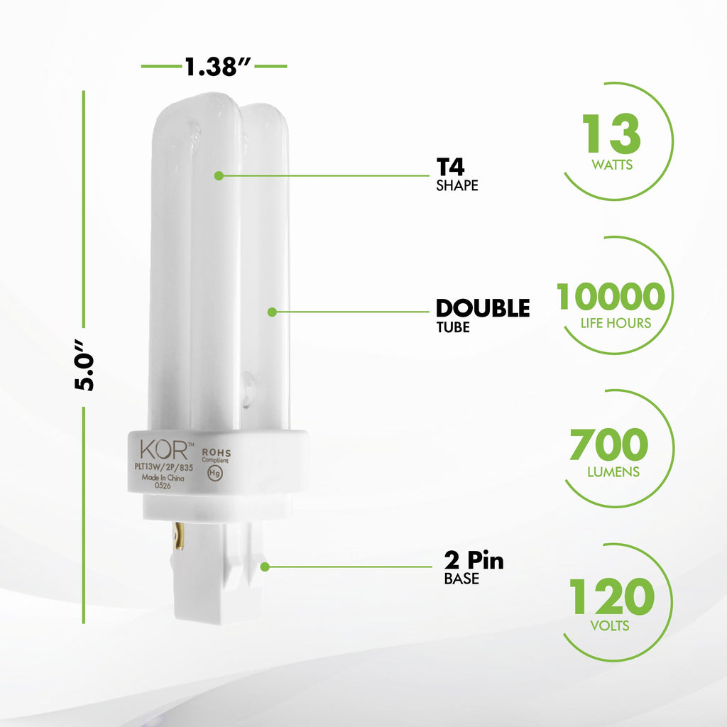 KOR (Pack of 4 13W CFL Double Tube Bulbs – G24Q-1 (4-Pin) Base – 3500K Soft White – Compatible Replacement for Sylvania CF13DD/E/835, Philips PL-C 13W/835/4P, GE F13DBX/835/ECO4P