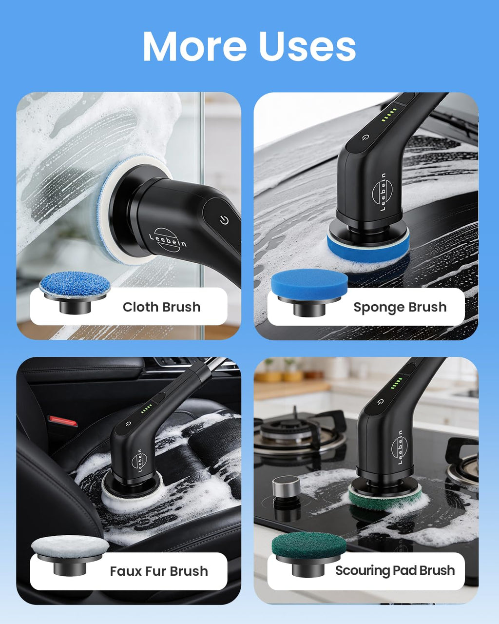 Leebein Electric Spin Scrubber, Cordless Cleaning Brush with 8 Replaceable Brush Heads, Tub and Floor Tile Power Scrubber Dual Speed with Adjustable & Detachable Handle for Bathroom Tub (All Black)