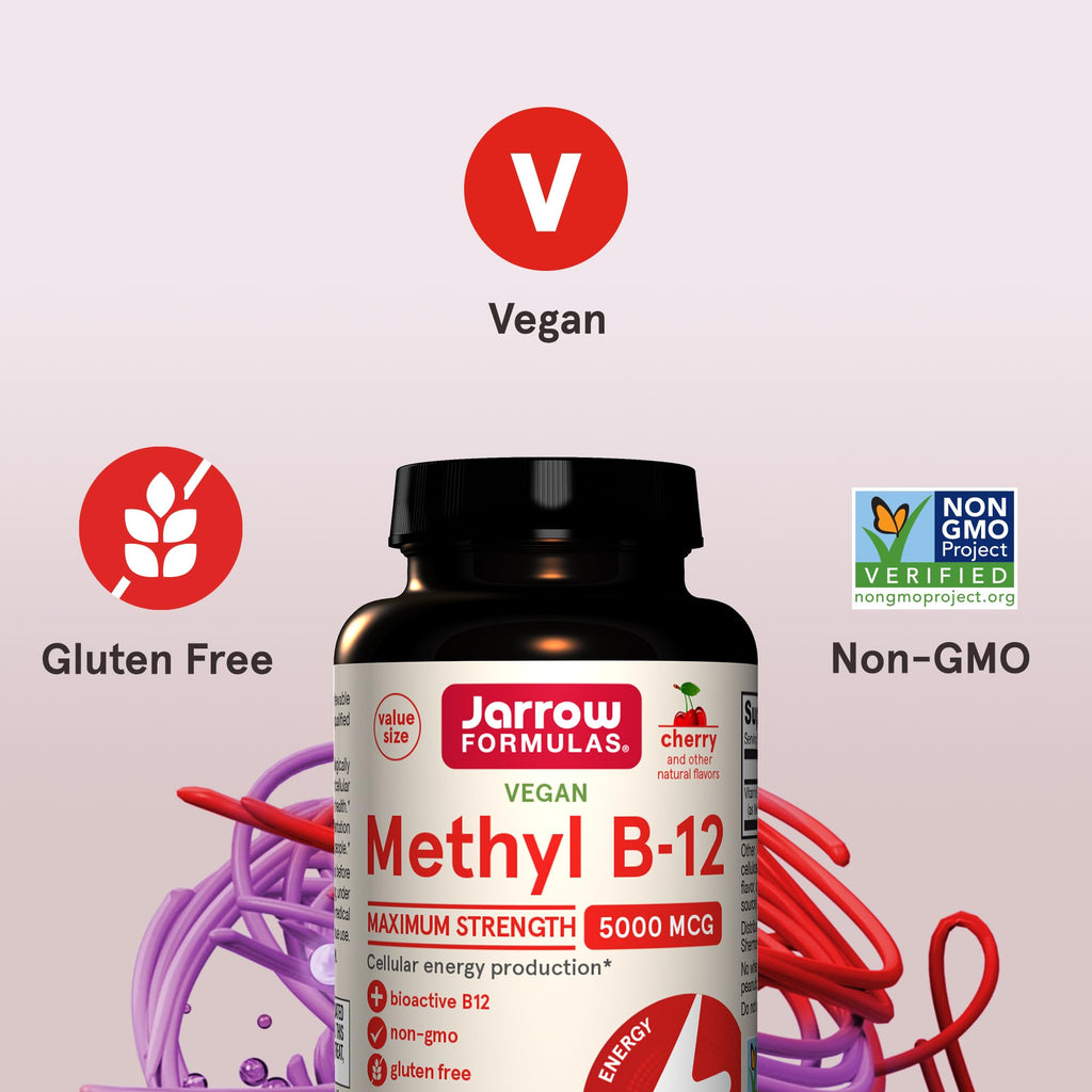 Jarrow Formulas Vitamin B12 5000 mcg - Maximum Strength for Cellular Energy and Brain Health, 90 Cherry Chewable Tablets, B12 Vitamins 5000 mcg
