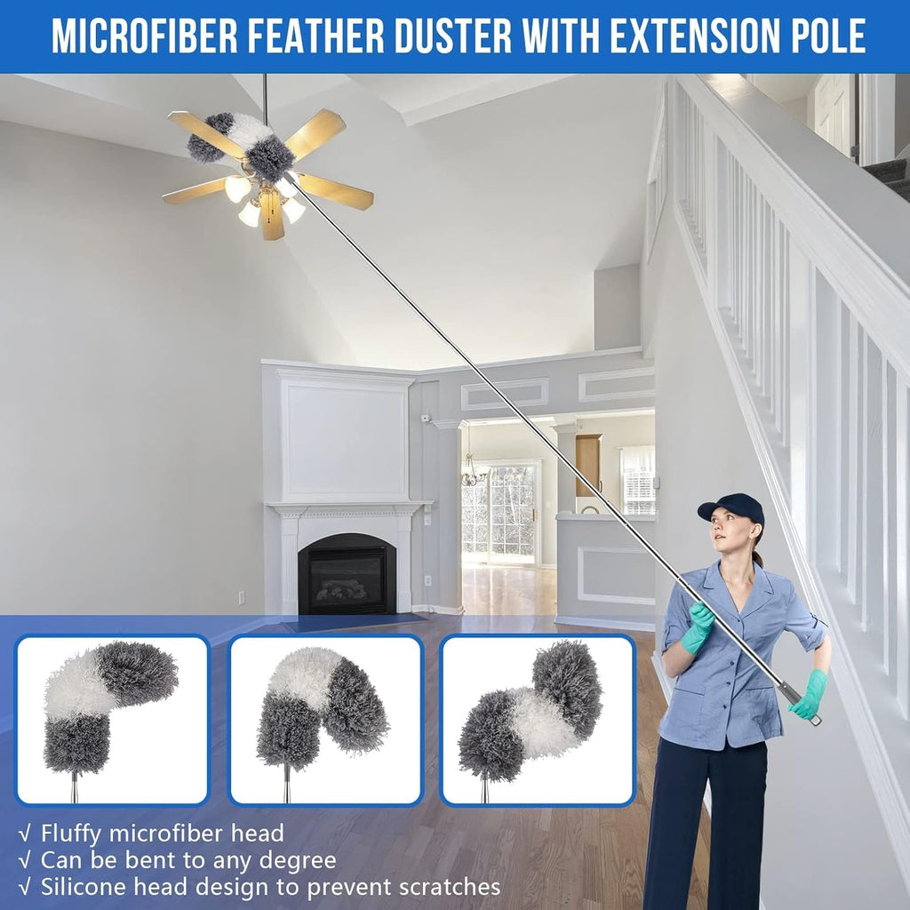 Muxun Dusters for Cleaning - 9Pcs Feather Duster Extendable Pole Up to 100'', Microfibre Feather Duster Bendable Washable Long Duster for Cleaning Ceiling Chandelier High Ceiling Furniture
