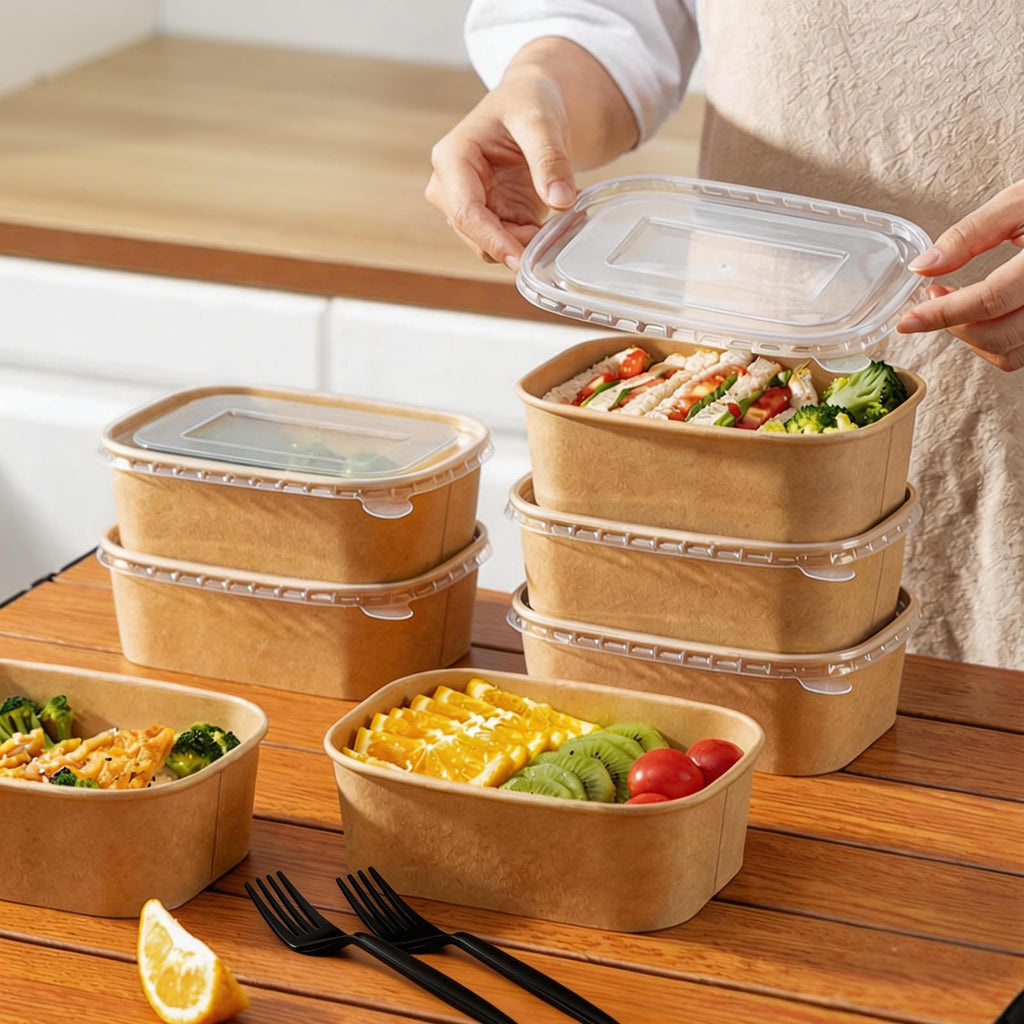 DI QIU REN 50-Pack 22oz Paper Bowls, Disposable Food Containers with Lids and Forks, Rectangular Disposable Salad Bowls for Diet Salad, Pasta (kraft Paper Rectangular, 22oz 50 Count)