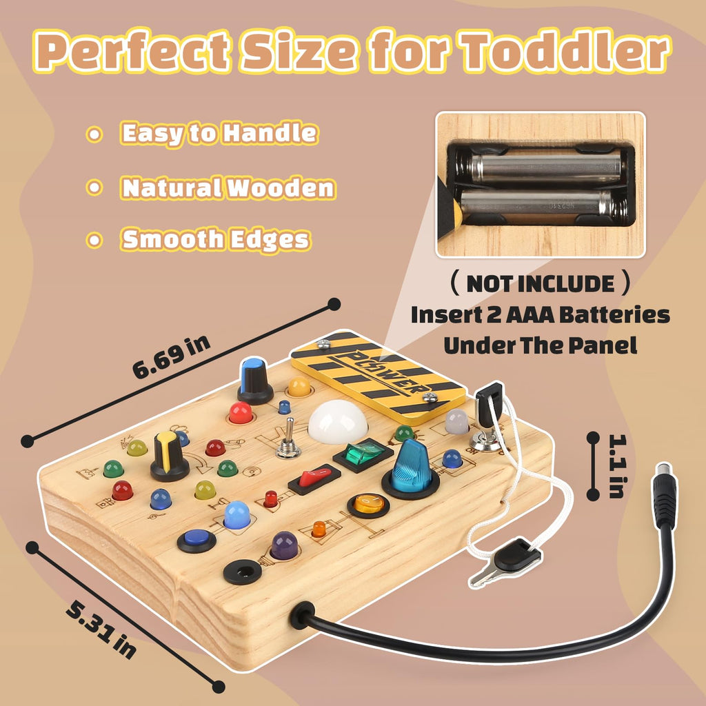 Joyreal Montessori Busy Board Wooden Sensory Toys for Toddler with LED Light Up Switch, Baby Fidget Board Travel Toys for 18+ Months, 1 2 3 Year Old Boys Girls Toddler Toy Gifts (Classic)
