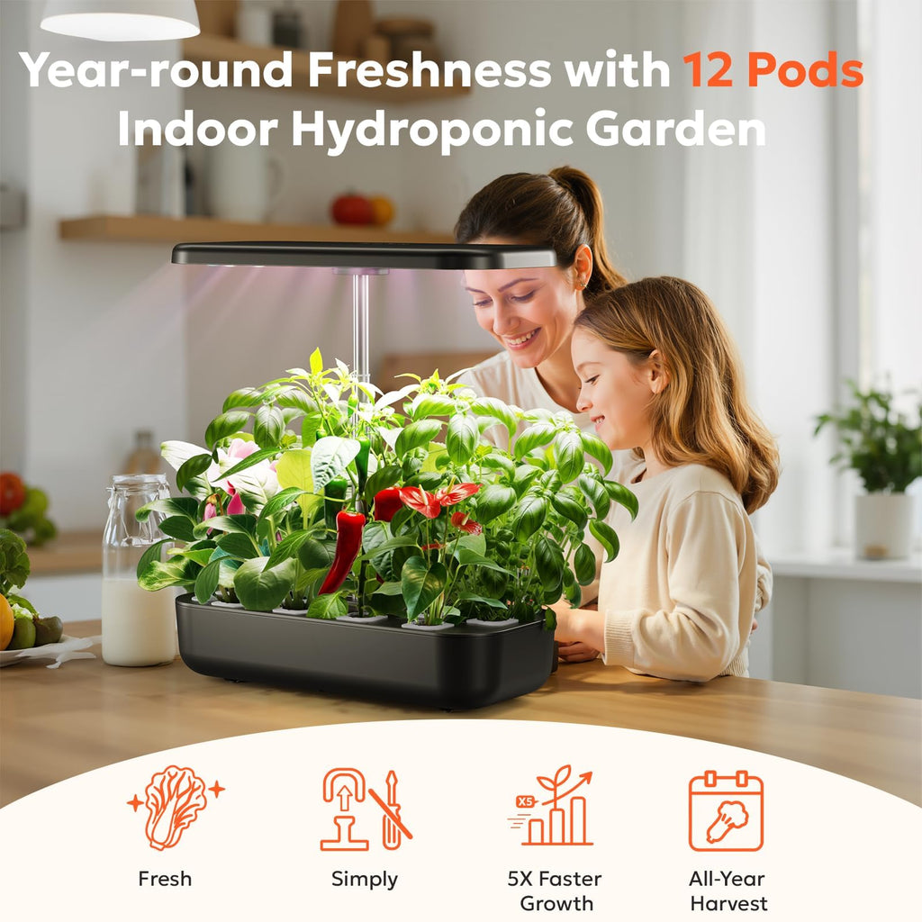 owltron Hydroponics Growing System Kit, 12 Pods Indoor Herb Garden with 24W LED Grow Light Full Spectrum, Planting Height Up to 20", Quiet Water Pump, Indoor Gardening for Gifts, Kitchen, Black