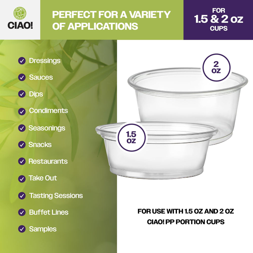 CIAO! Ultra Clear PET Portion Cup Lids, 62mm, Fits CIAO! 1.5 & 2 oz Portion Cups, Case of 2,500