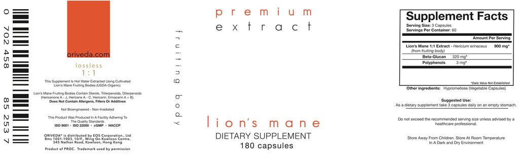 ORIVeDA Lion’s Mane Organic Mushroom Extract 2-Pack - Fruiting Body 180 v-caps, Pure Mycelium 180 v-caps • Supports The Brain and Nervous System