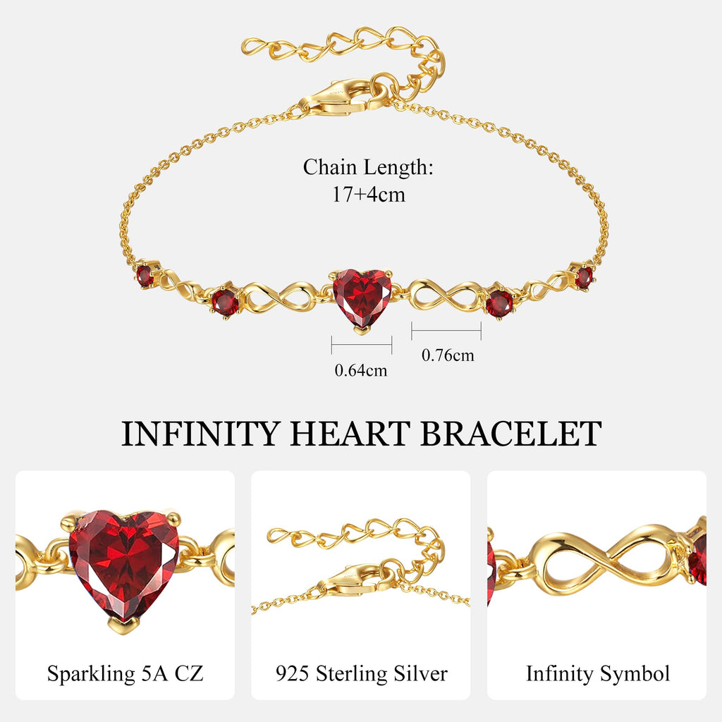 Infinity Heart Birthstone Bracelets for Women, 925 Sterling Silver Dainty Charm Link Bracelet Adjustable, Birthday Anniversary Valentines Day Jewelry Gifts for Women Wife Mom Girlfriend Her