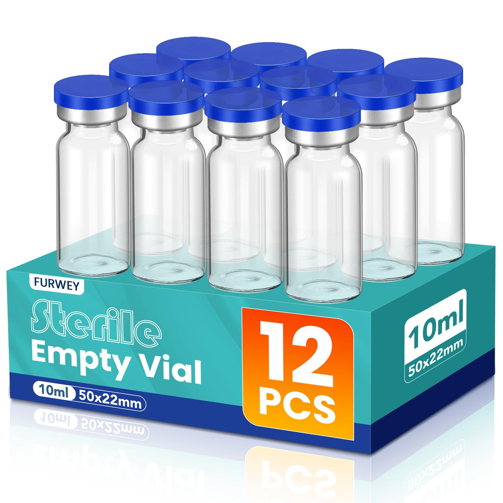 FURWEY 10ML Sterile Vials, Glass Empty Vials for Injection, 12 Pack