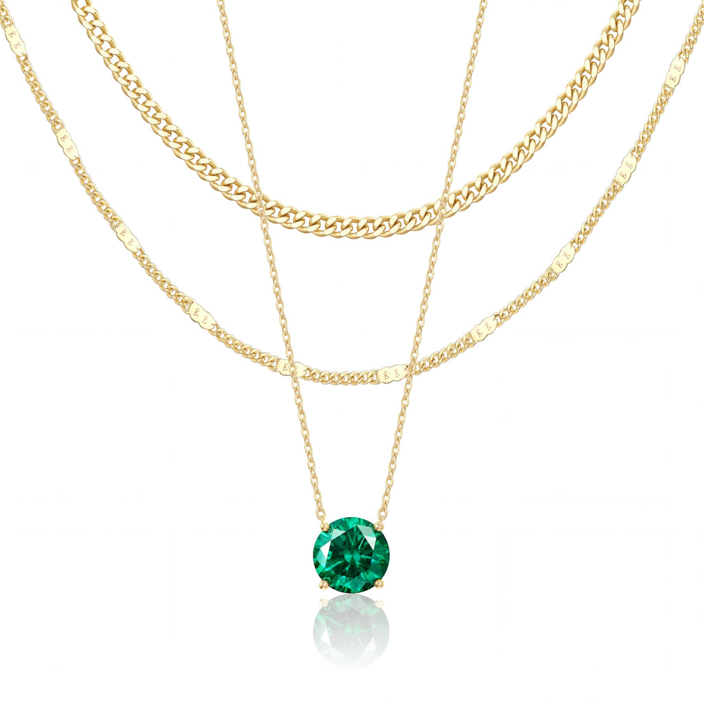 WomenGifts May Created Emerald (Deep Green) Layered Necklace Set, 14K Gold Plated Birthstone Pendant with Choker Cuban Link & Satellite Chain, Personalized Jewelry Gift