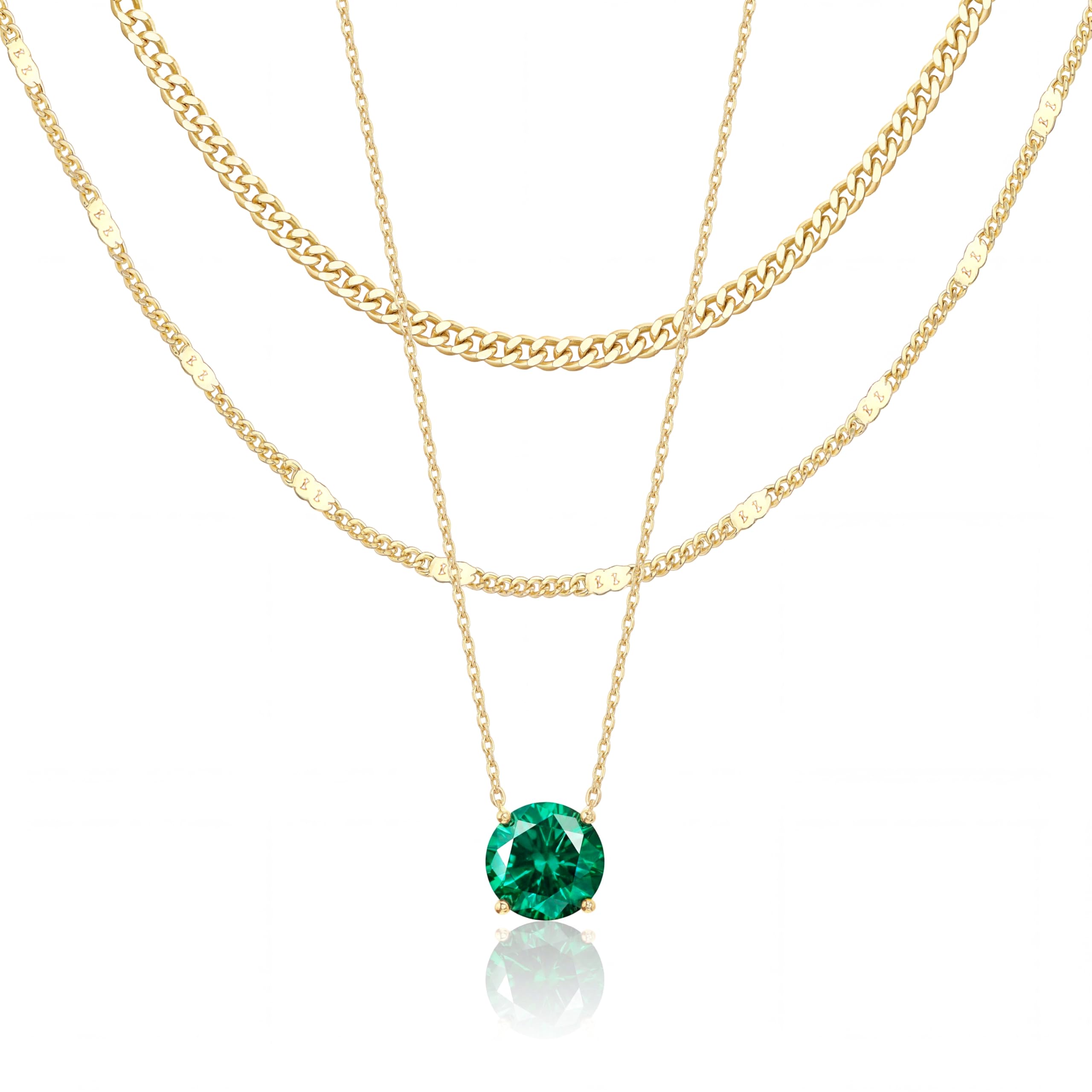 WomenGifts May Created Emerald (Deep Green) Layered Necklace Set, 14K Gold Plated Birthstone Pendant with Choker Cuban Link & Satellite Chain, Personalized Jewelry Gift