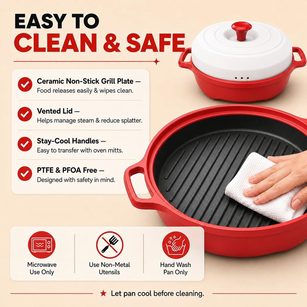 Rocket Chef Turbo Grill Deluxe Microwave Grill Pan, Vented Lid, Red