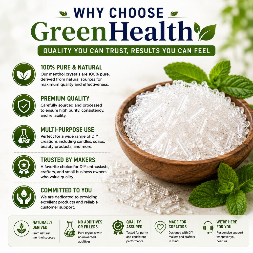 GreenHealth Premium Menthol Crystals – 1 lb (16 oz) | 100% Pure Natural Menthol Crystals | Strong Mint Aroma | Food-Grade Metallized Poly Bag | Melting Point 95–107°F
