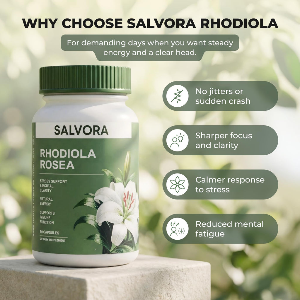 Salvora Floraviva Rhodiola Rosea Supplement – Golden Root Adaptogen Capsules - Rhodiola Rosea Extract Powder Alternative with Salidroside for Stress Support - Energy, Focus & Performance