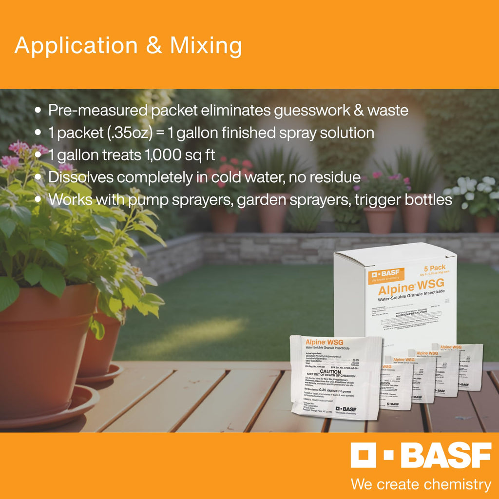 BASF Alpine WSG Insecticide, Water Soluble Granules for Indoor & Outdoor Pest Control, Kills Ants, Flies, Bed Bugs, German Cockroaches – 5 x 0.35 oz Packets (Each Makes 1 Gallon for 1,000 sq ft)