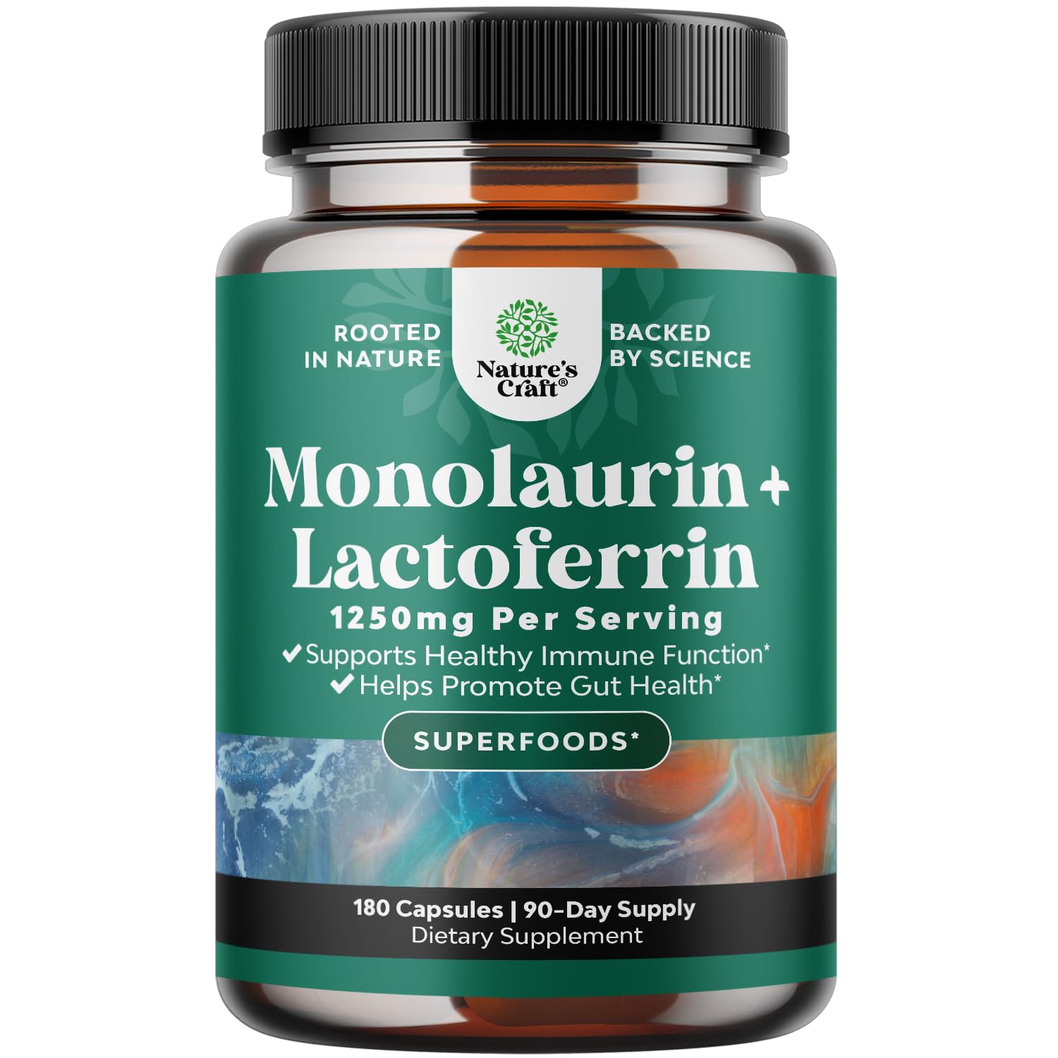 High Strength Lactoferrin & Monolaurin Supplement - Microbiome Digestive Health Immune Support Supplement - 250mg Lactoferrin and Monolaurin 1000mg Capsules - Vegetarian 180 Count (Pack of 1)