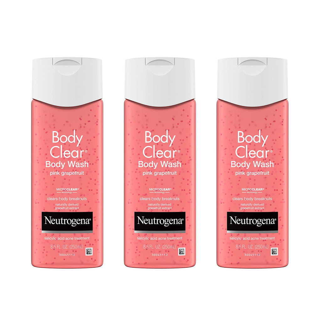Neutrogena Body Clear Acne Body Wash Pink Grapefruit - Salicylic Acid Formula for Breakout Treatment, Exfoliating Cleanser for Clear Skin, 8.5 fl. oz. Bottle, 3-Pack