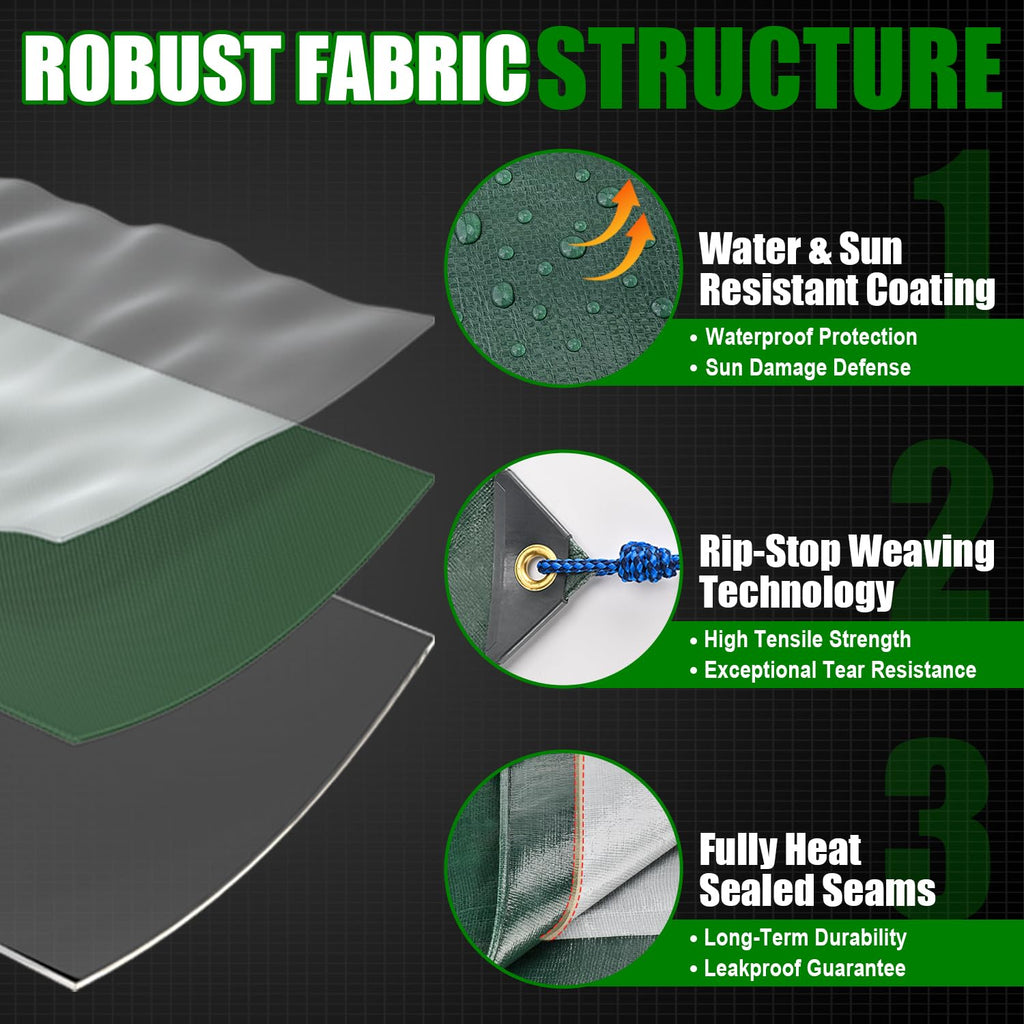 Sunvigor Tarp Waterproof 10x12Ft, Extra Thick 16 Mil Heavy Duty Tarp Cover, Tear & Fade Resistant, Outdoor Tarps with Brass Grommets and Reinforced Edges for Roof, Camping, Patio, Boat (Green/Silver)