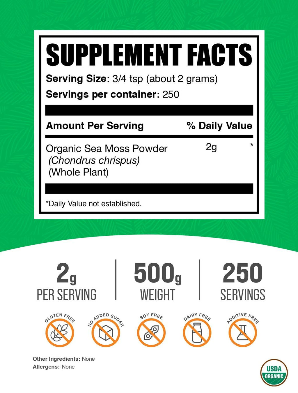 BulkSupplements.com Organic Irish Sea Moss Powder - Sea Moss Supplement, Superfood Supplement - Vegan & Gluten Free, 2g per Serving, 500g (1.1 lbs) (Pack of 1)
