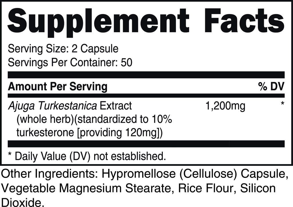 Bucked Up Turkesterone 1200mg | Ajuga Turkestanica Extract Standardized 10% | Non GMO Gluten Free Third Party Tested | Plant Based Supplement Capsules (100 Capsules, 50 Servings)