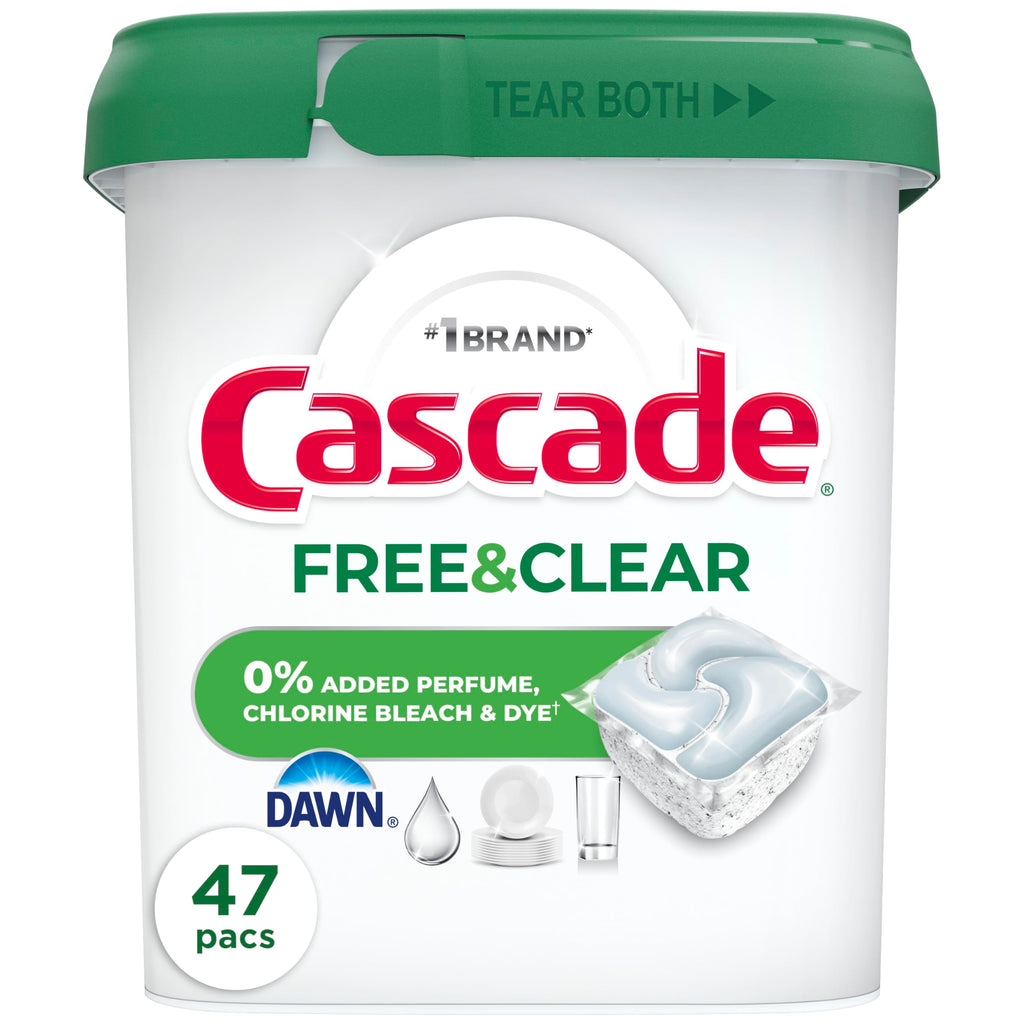 Cascade Free & Clear Dishwasher Pods, Dishwasher Detergent, Dish Detergent Soap, Unscented, 47ct