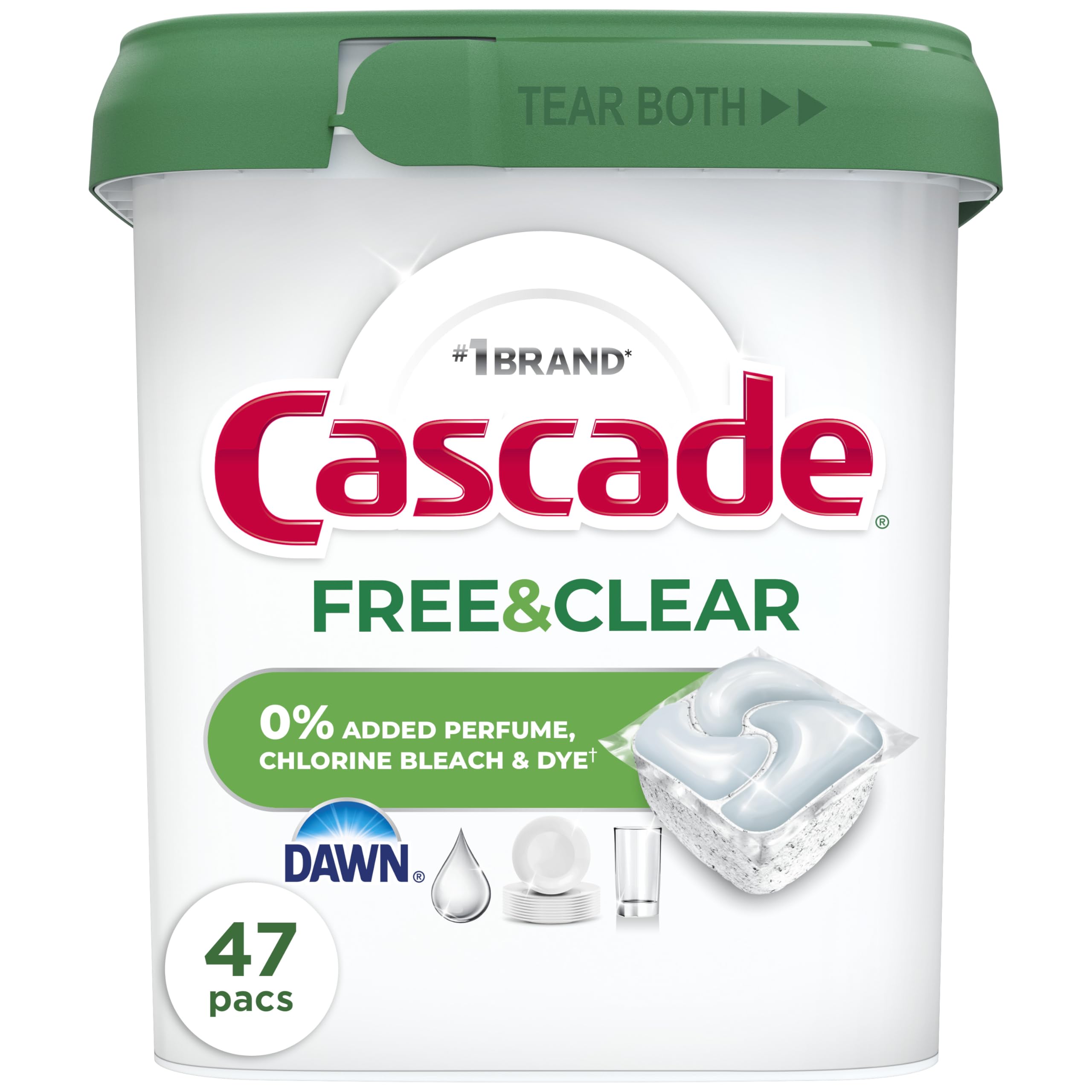 Cascade Free & Clear Dishwasher Pods, Dishwasher Detergent, Dish Detergent Soap, Unscented, 47ct