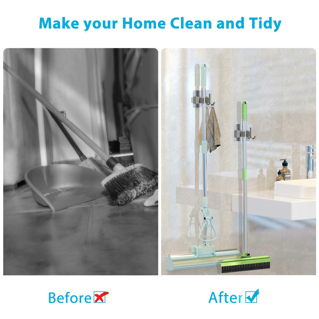 homeasy Mop Broom Holder No Drill, Mop Broom Organizer Wall Mounted Heavy Duty with Hooks Hanger, Self Adhesive Stainless Steel 6Pcs for Bathroom, Kitchen, Office (Silver)