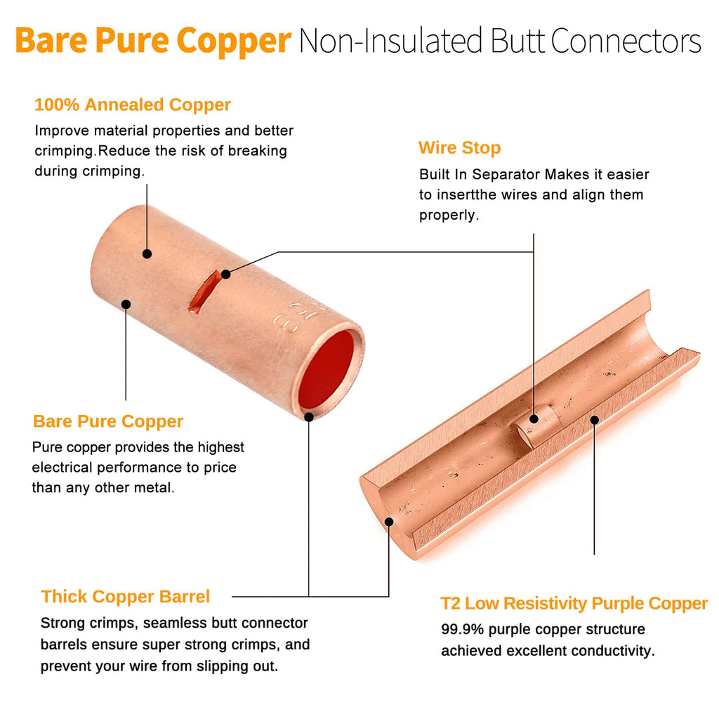 SVAAR 560 PCS 26-6 AWG Non-Insulated Butt Connectors Crimp Repair Butt Splices Kit, Uninsulated Butt Splice Connectors for 26 to 6 Gauge Wire, Heavy Duty Pure Copper Seamless Barrel Butt Terminals