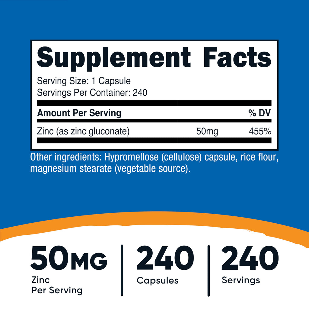 Nutricost Zinc Gluconate 240 Veggie Capsules (50mg) (3 Bottles) - Gluten Free and Non-GMO