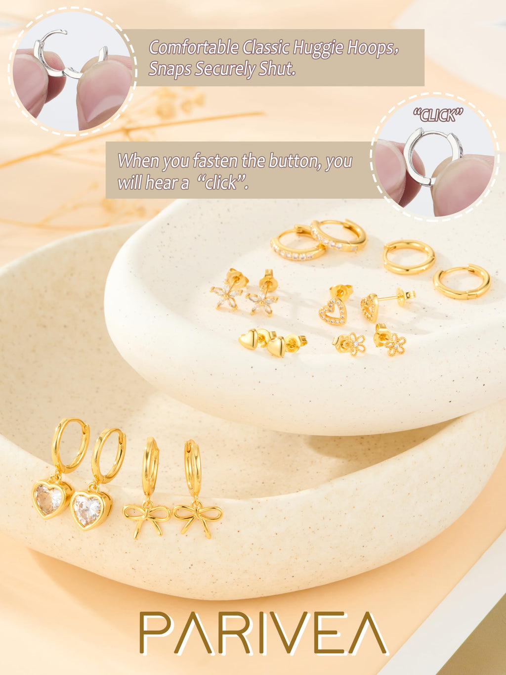 PARIVEA 12 Pairs Small Stud Hoop Earrings Set for Women - 14K Gold Plated Huggie Hoops Hypoallergenic Earring Cute Dainty Flower Heart Stud Earrings for Jewelry Gift, GOLD